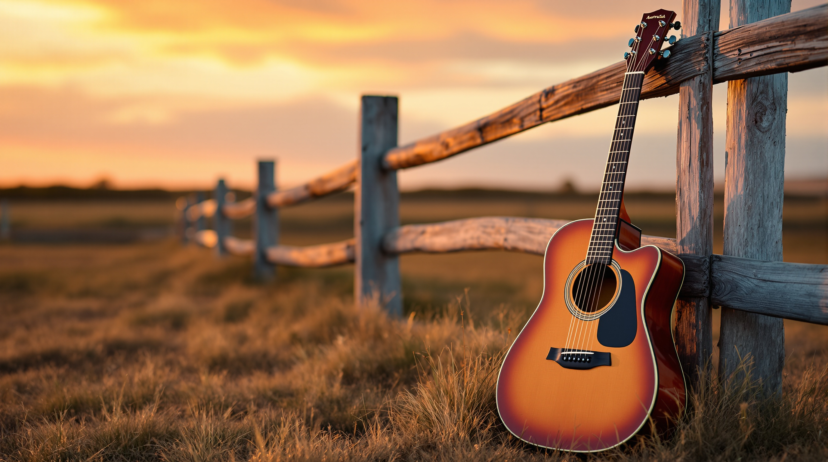 Acoustic guitar against fence post at sunset